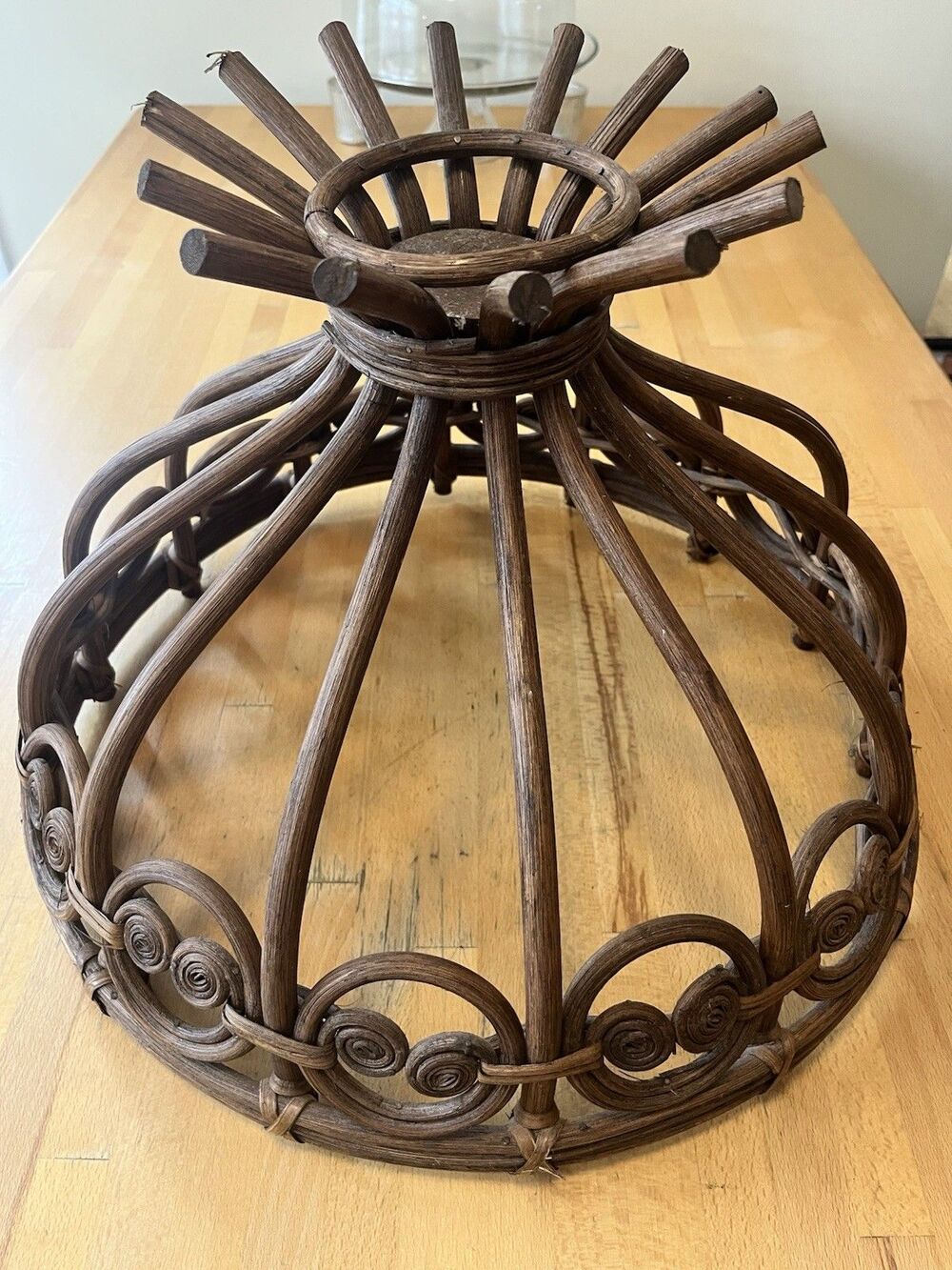 Rare Vintage MCM Bamboo Curled Wicker Pendant Lampshade 1960’s Boho Home Decor - Picture 5 of 8